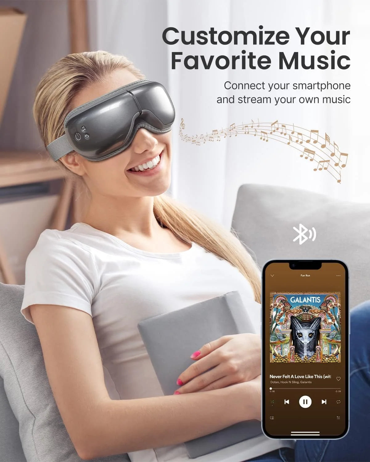 Eye Massager with Heat & Vibration – 5 Massage Modes, Bluetooth Music, Adjustable Headband, USB Rechargeable - Gray