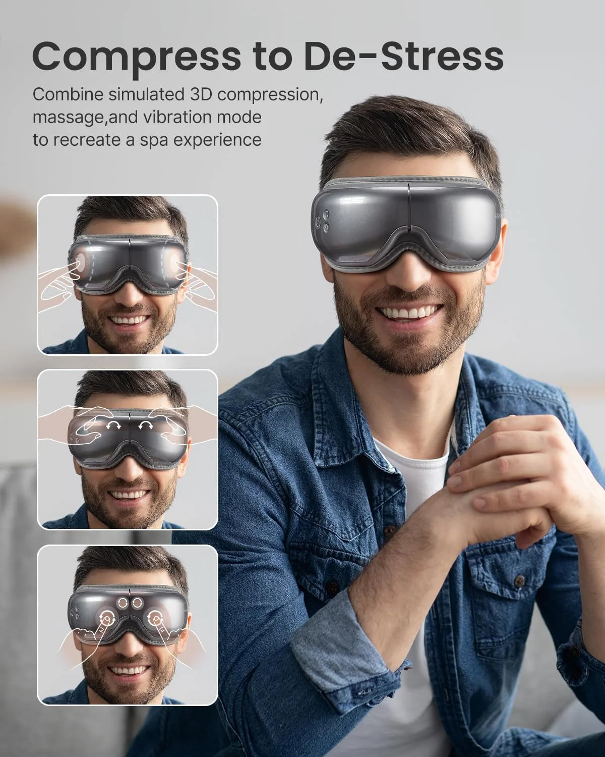 Eye Massager with Heat & Vibration – 5 Massage Modes, Bluetooth Music, Adjustable Headband, USB Rechargeable - Gray