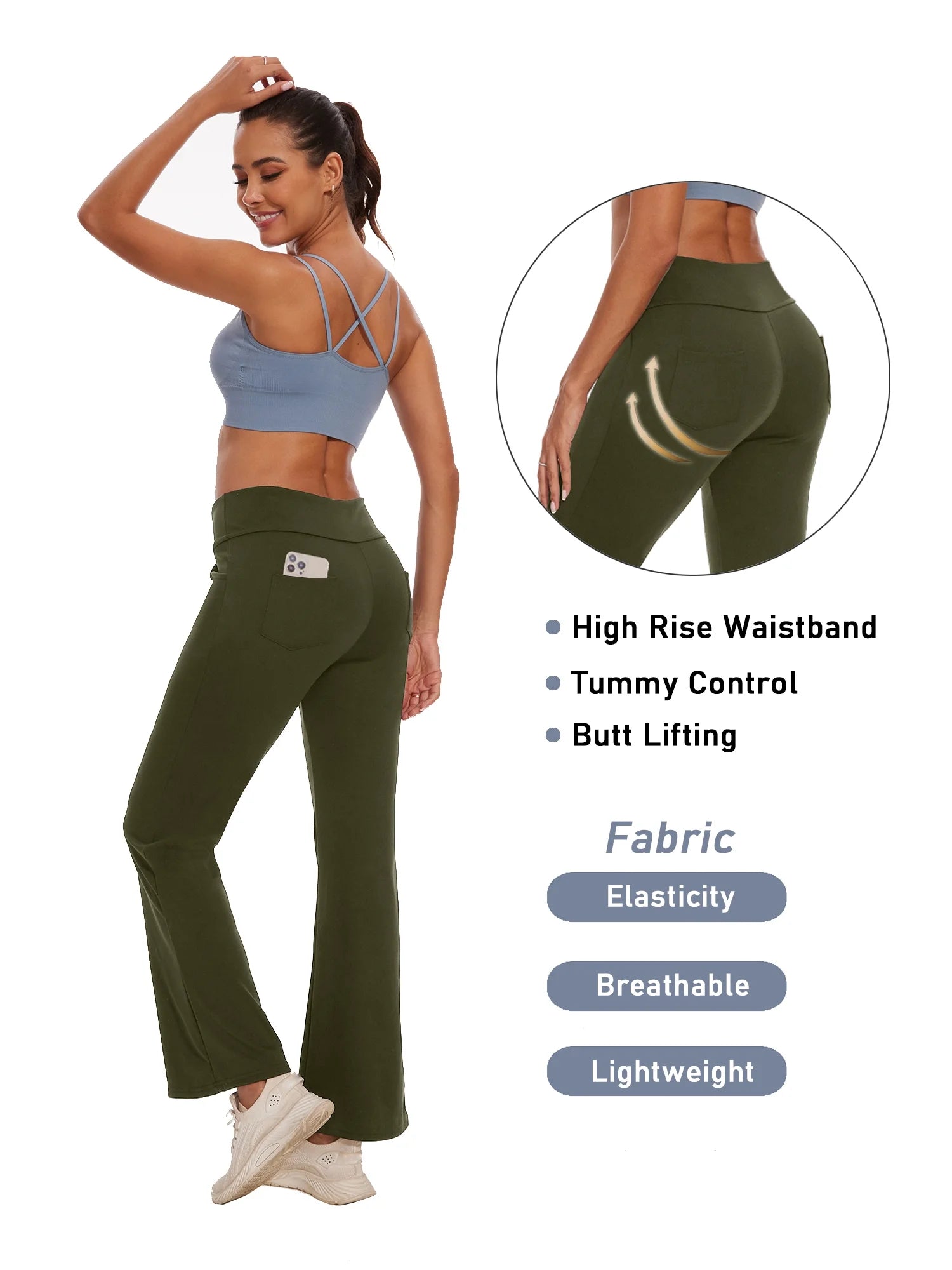 Womens Bootcut Yoga Pants with Pockets Flare Workout Legging High Waist Bootleg Bottoms Activewear Green 2XL