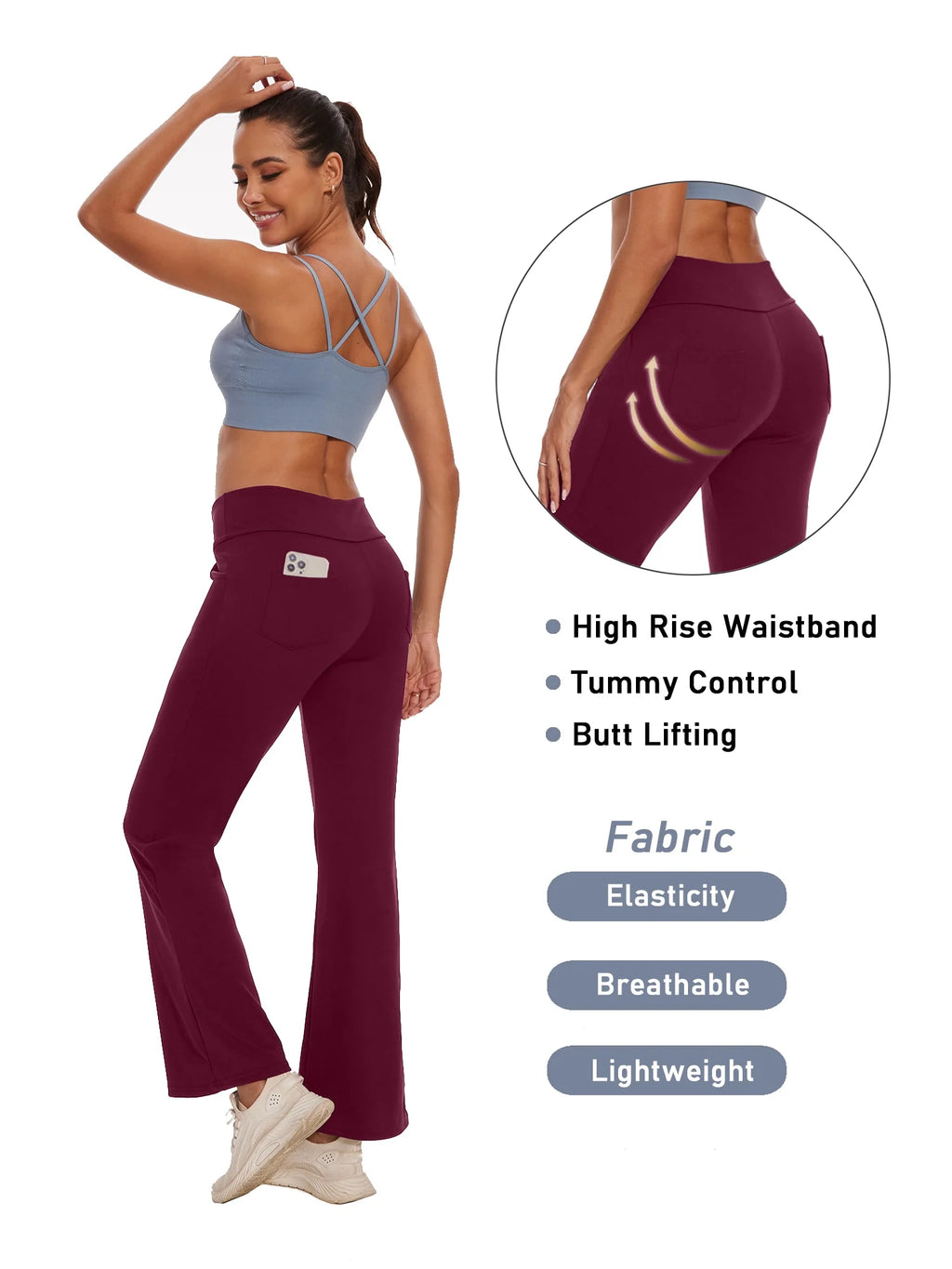 Womens Bootcut Yoga Pants with Pockets Flare Workout Legging High Waist Bootleg Bottoms Activewear Dark Red L