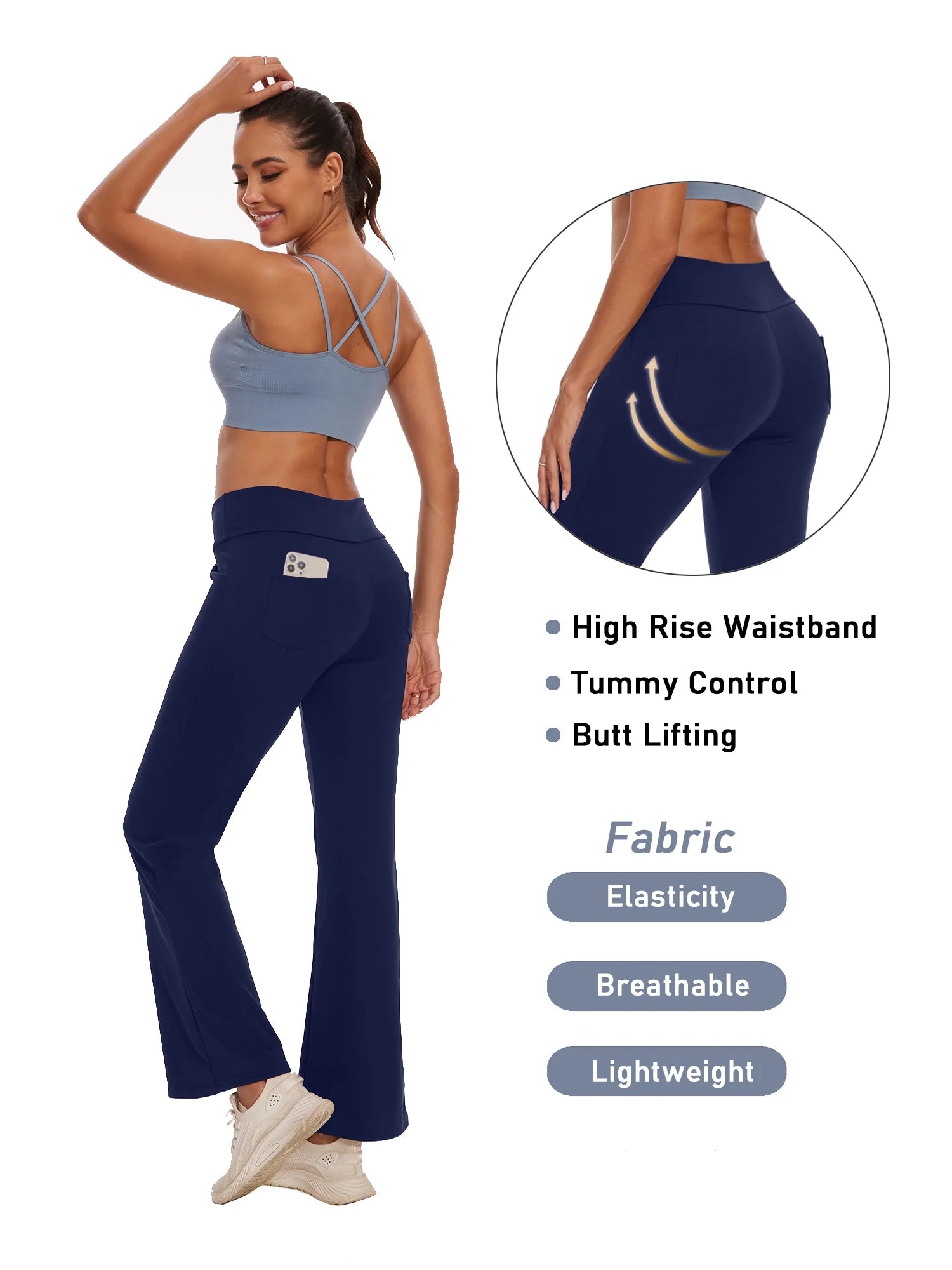 Womens Bootcut Yoga Pants with Pockets Flare Workout Legging High Waist Bootleg Bottoms Activewear Navy Blue L