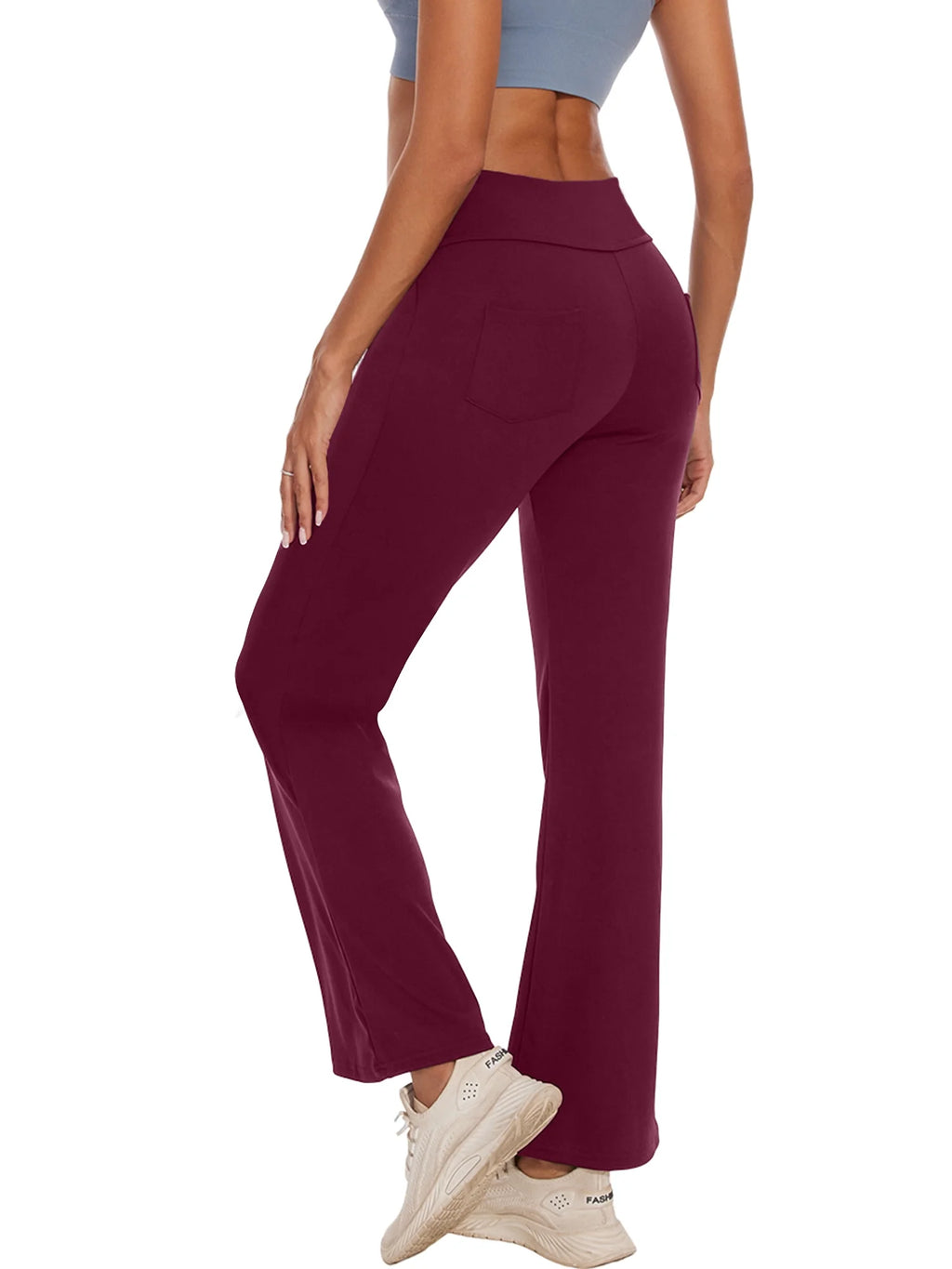Womens Bootcut Yoga Pants with Pockets Flare Workout Legging High Waist Bootleg Bottoms Activewear Dark Red L
