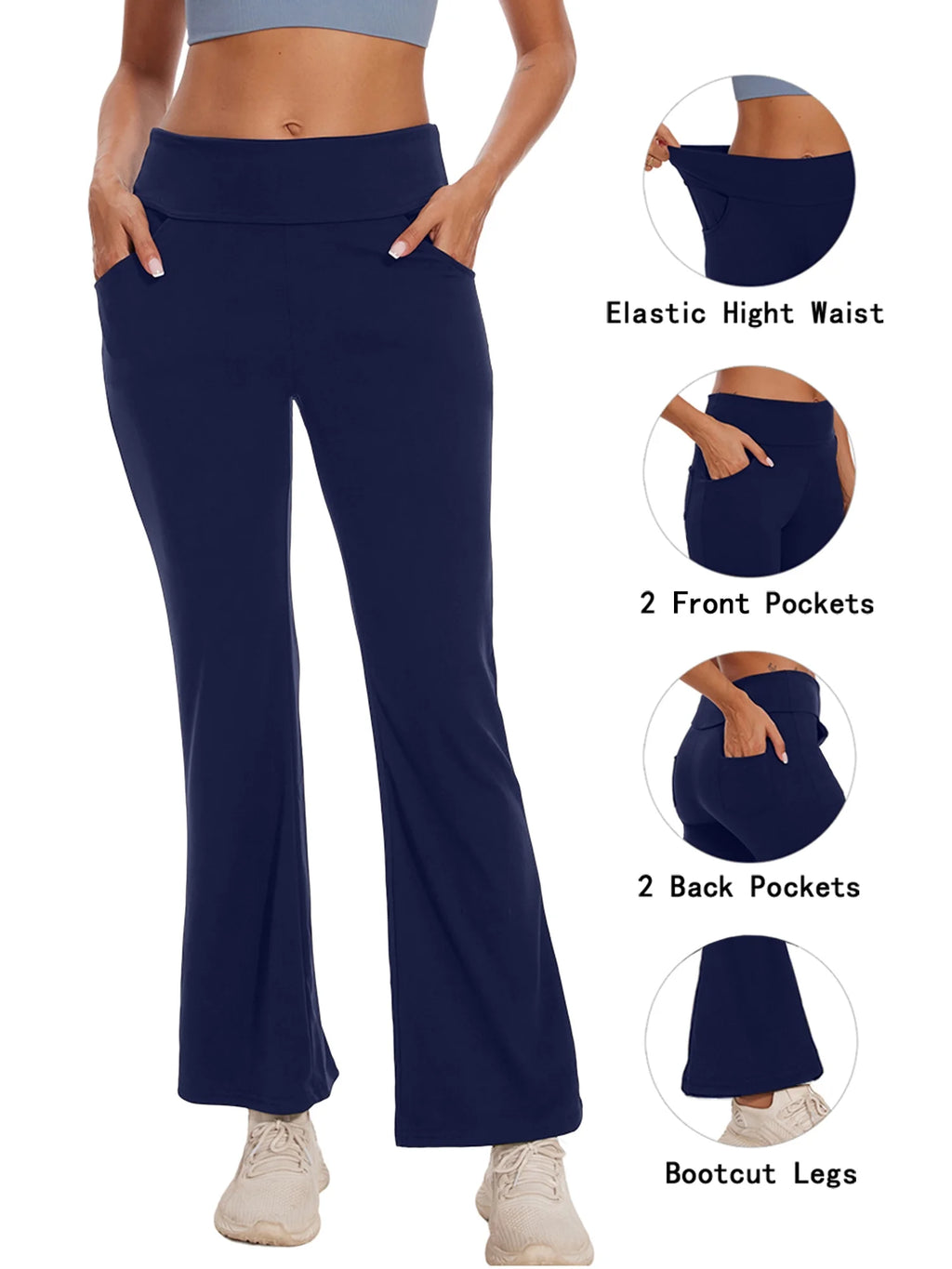 Womens Bootcut Yoga Pants with Pockets Flare Workout Legging High Waist Bootleg Bottoms Activewear Navy Blue L